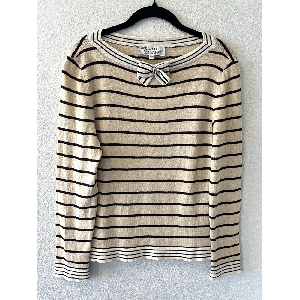 ST JOHN Collection by Marie Gray Sz 6 Knit Sweater Striped Cream Boat Neck Bow